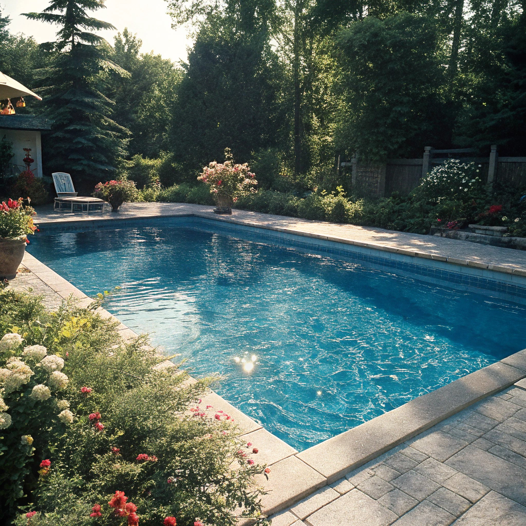 Beautiful pool surrounded by flowers and landscaping creating a peaceful garden setting