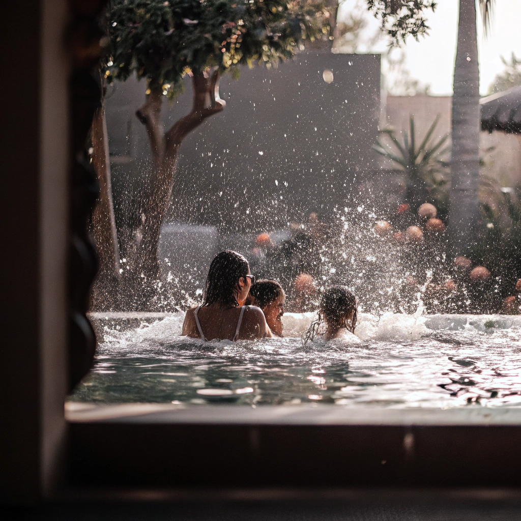Family enjoying their Rainforest pool with water splashing and laughter