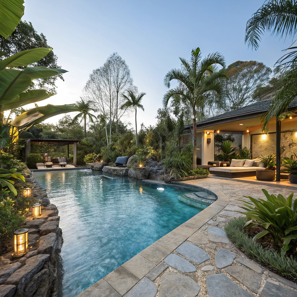 Luxurious pool with tropical landscaping and evening lighting